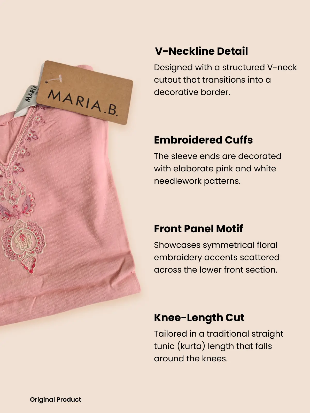 Embroidered Pakistani Style Pastel Pink Straight Linen Kurta
