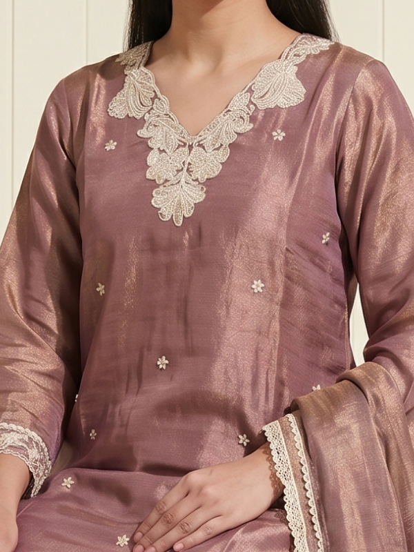 Mauve Silk Blend Embroidered Kurta Set with Dupatta