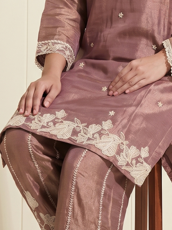 Mauve Silk Blend Embroidered Kurta Set with Dupatta