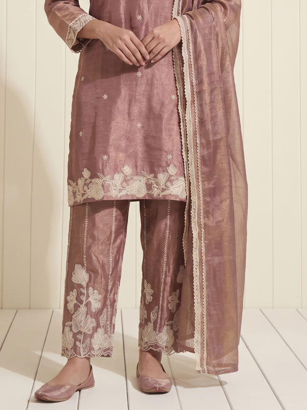 Mauve Silk Blend Embroidered Kurta Set with Dupatta