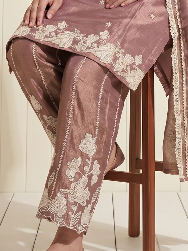 Mauve Silk Blend Embroidered Kurta Set with Dupatta
