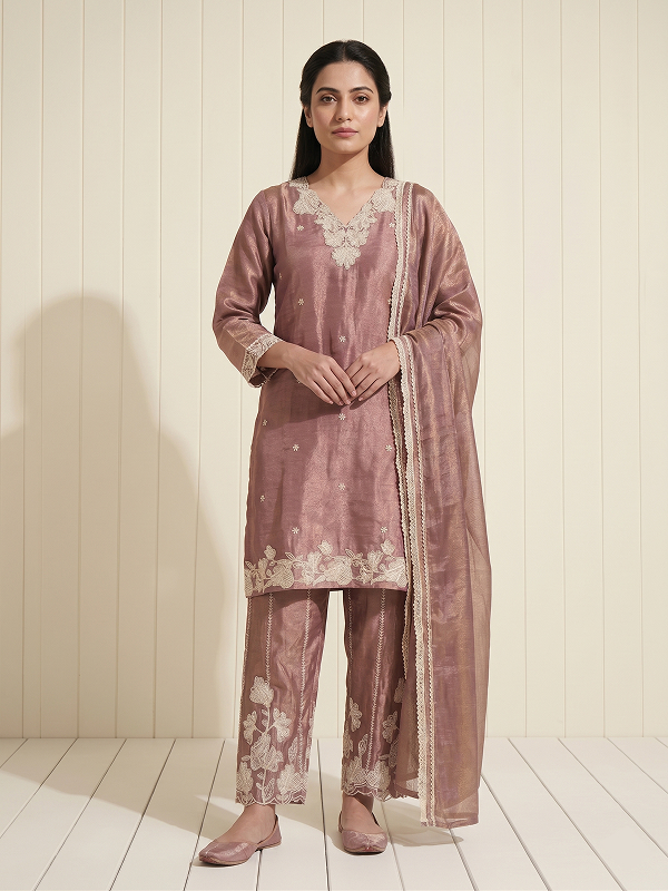 Mauve Silk Blend Embroidered Kurta Set with Dupatta