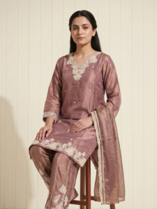 Mauve Silk Blend Embroidered Kurta Set with Dupatta