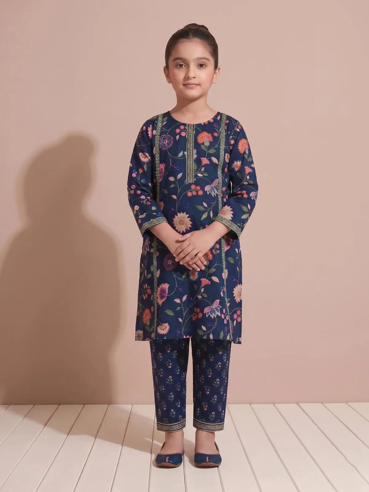 Navy Blue Floral Printed Kurta Set for Girls
