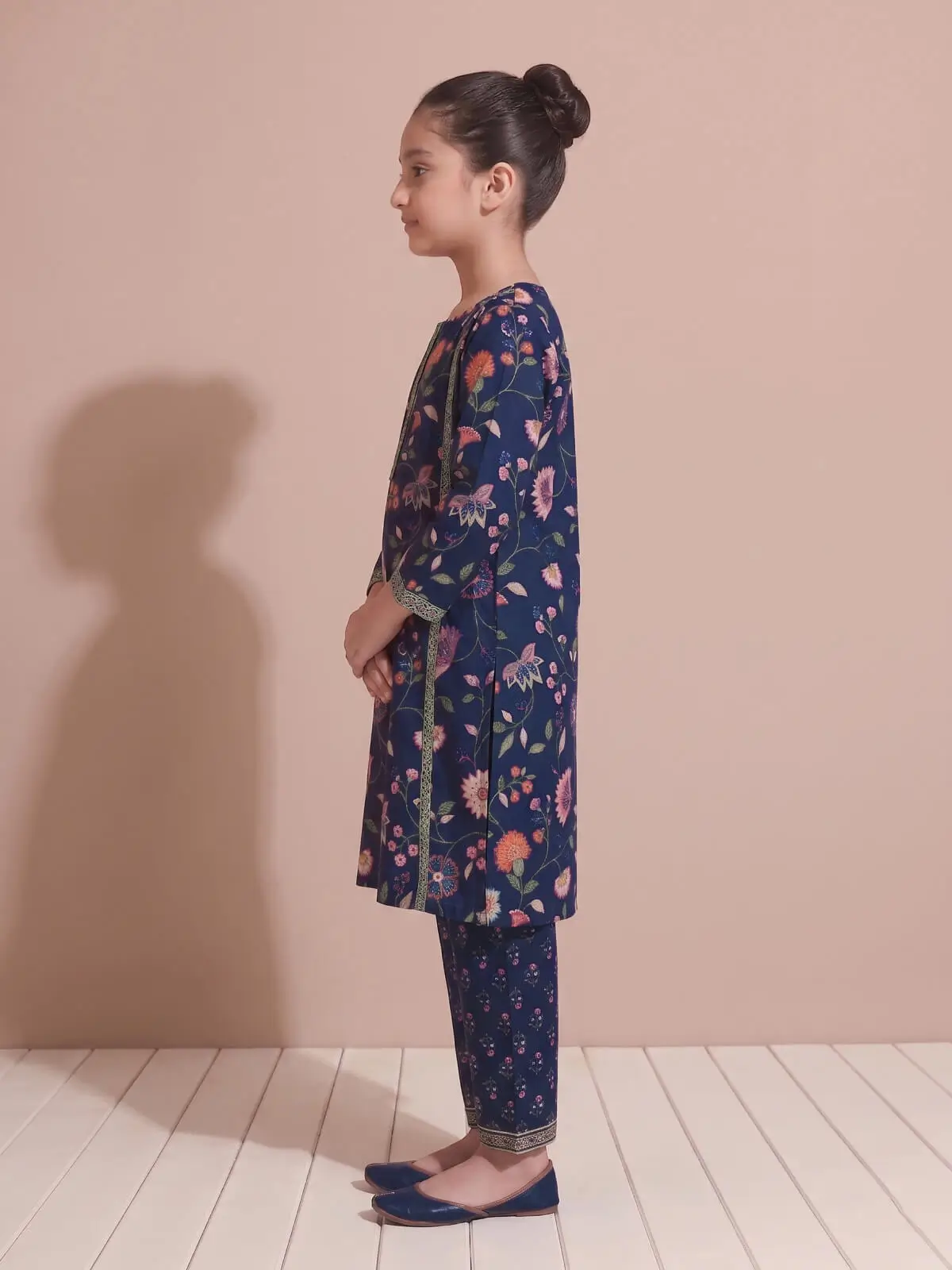 Navy Blue Floral Printed Kurta Set for Girls