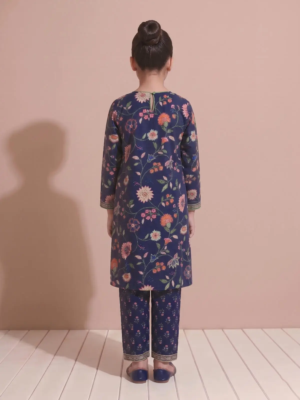 Navy Blue Floral Printed Kurta Set for Girls