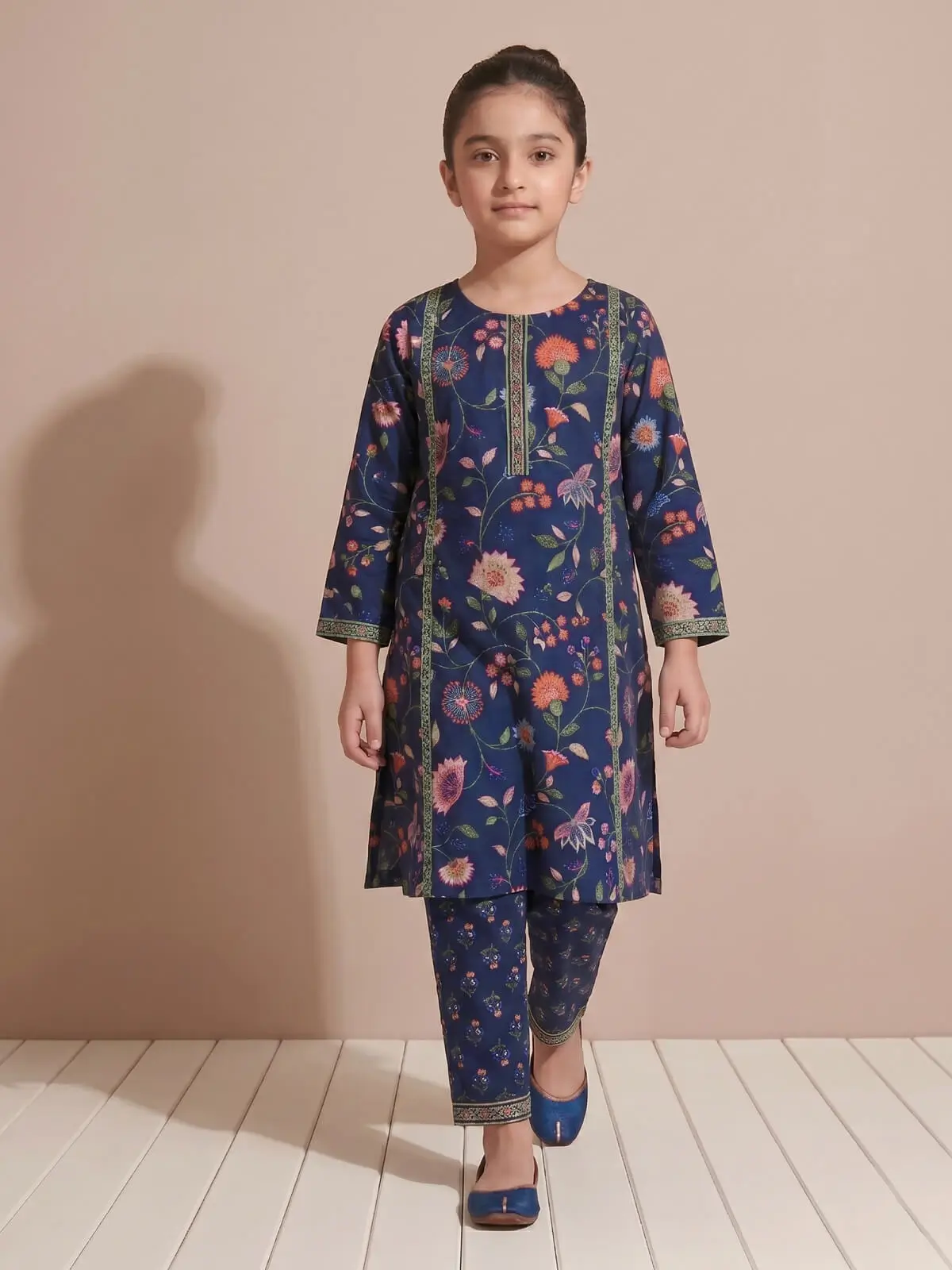 Navy Blue Floral Printed Kurta Set for Girls