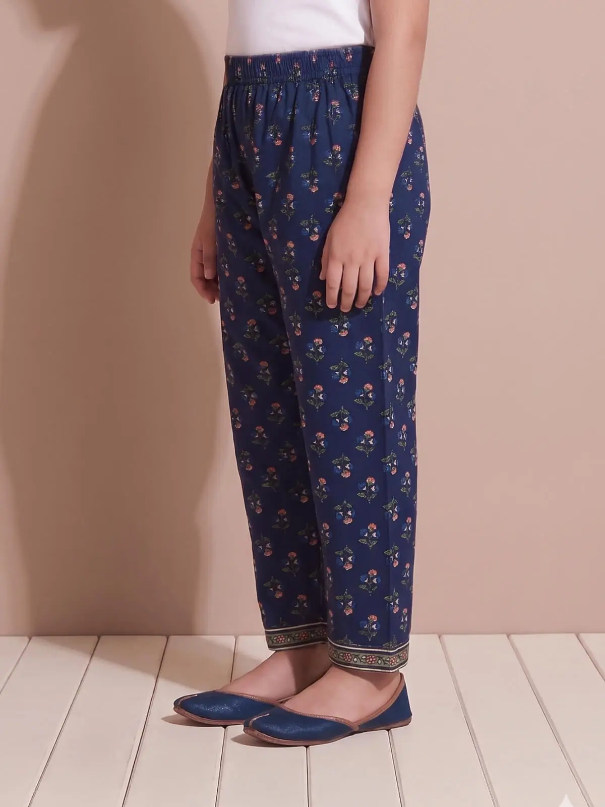 Navy Blue Floral Printed Kurta Set for Girls