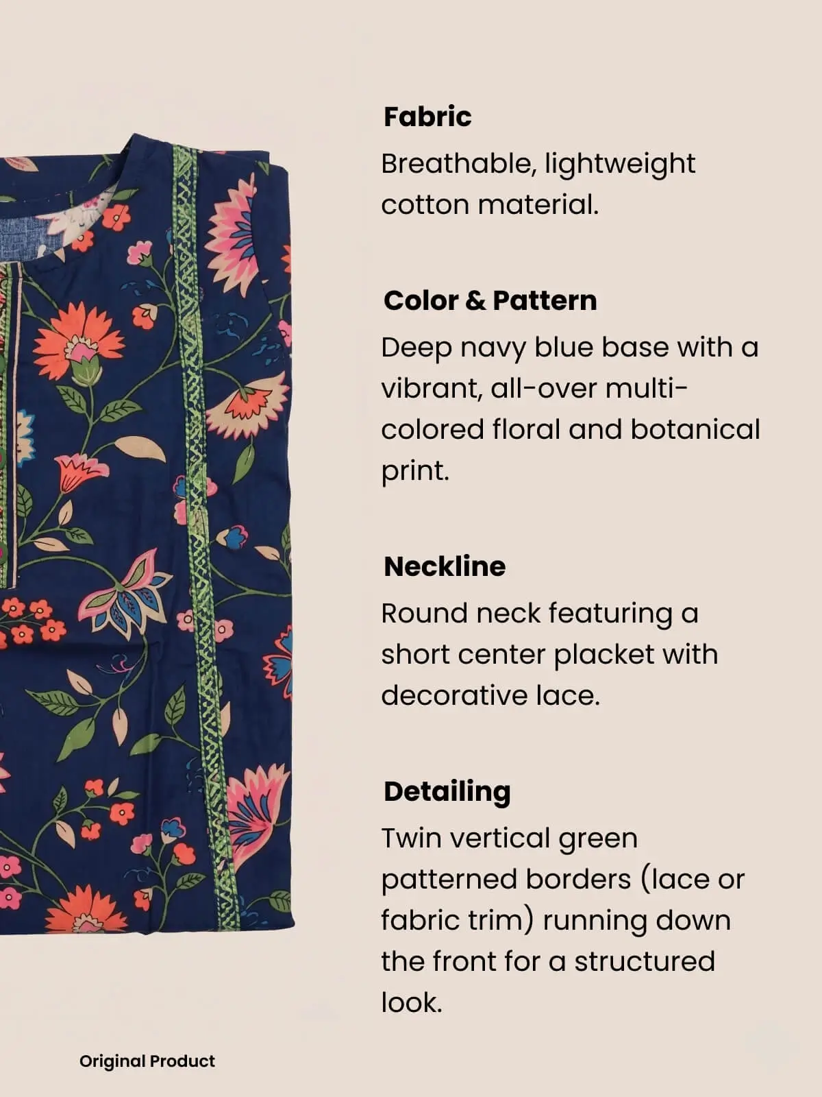 Navy Blue Floral Printed Kurta Set for Girls