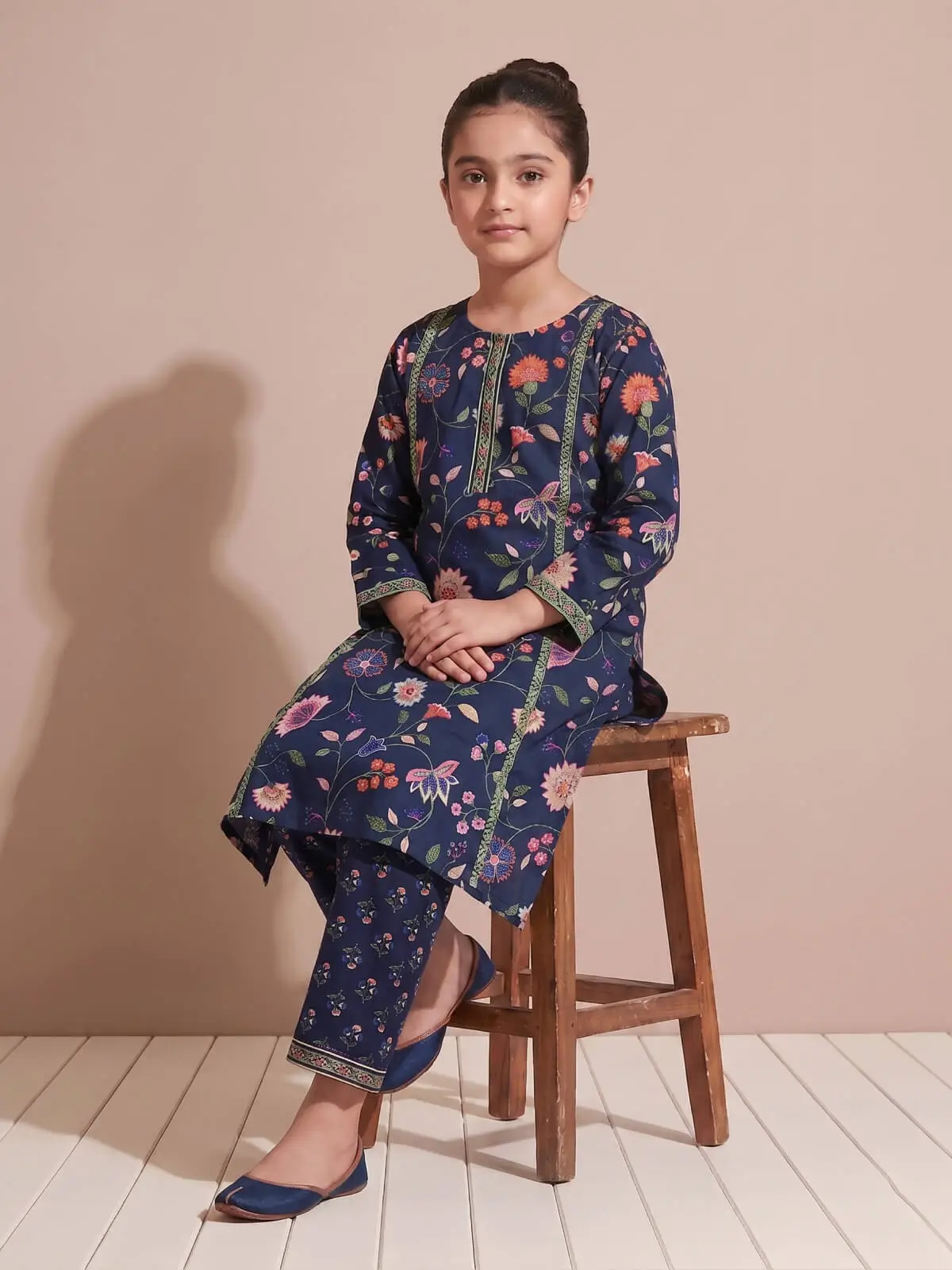 Navy Blue Floral Printed Kurta Set for Girls