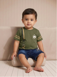 Boys Olive Bear Graphic Tee & Denim Shorts Set