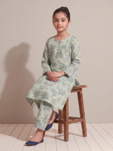 Maria B Pakistani Style Pastel Green Floral Printed Kurta and Pant Set