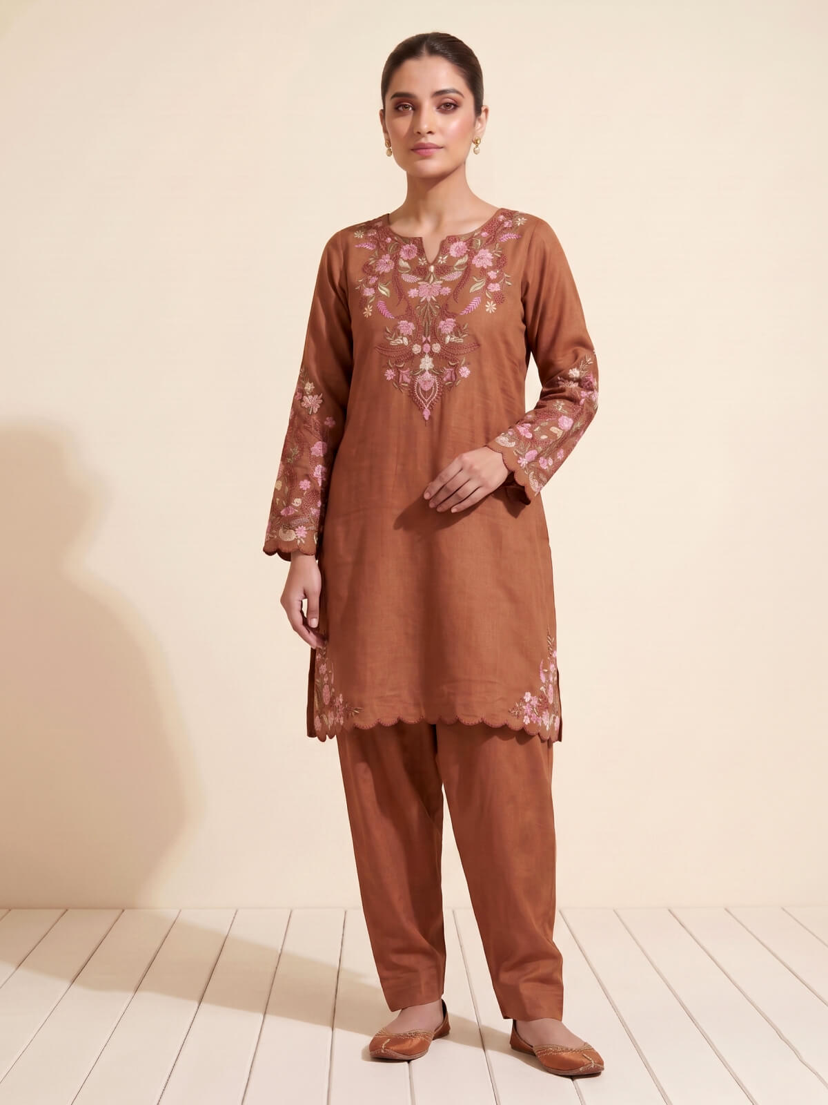 Rust Orange Silk Floral Embroidered Salwar Suit with Organza Dupatta