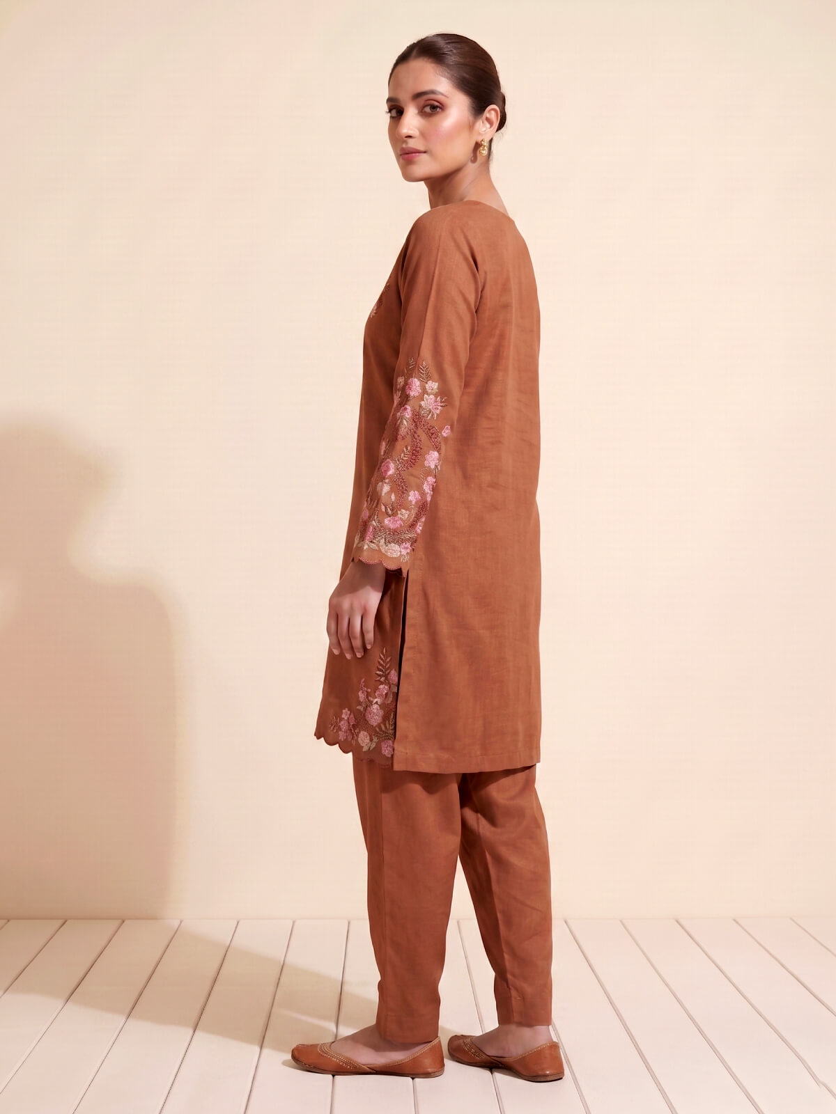 Rust Orange Silk Floral Embroidered Salwar Suit with Organza Dupatta