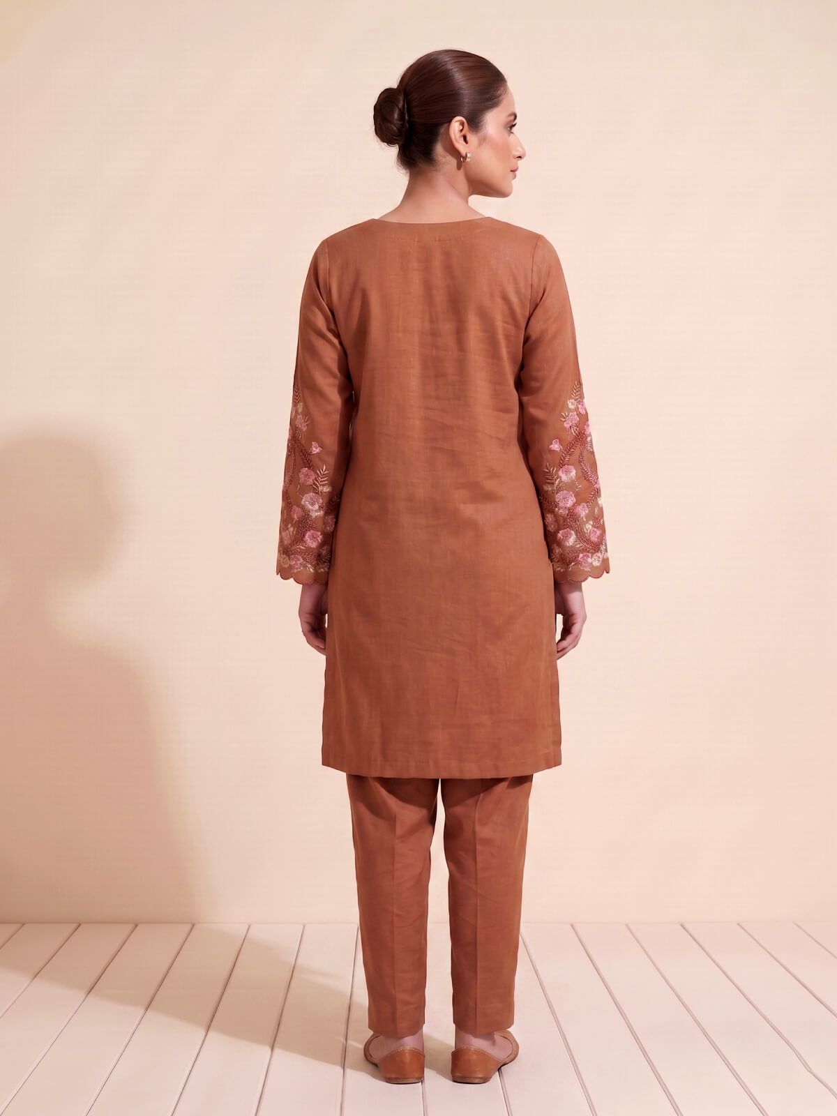 Rust Orange Silk Floral Embroidered Salwar Suit with Organza Dupatta