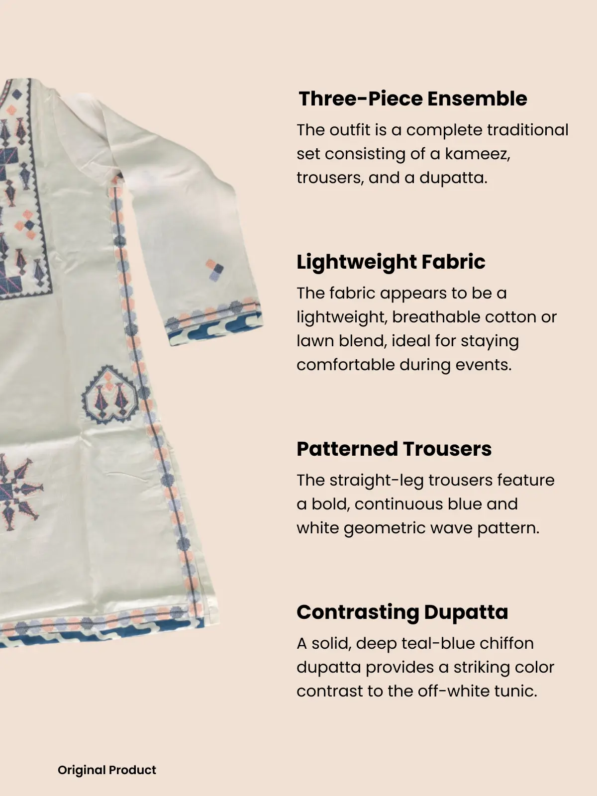 Girls Maria B Style Off-White and Blue Geometric Embroidered Salwar Kameez Suit