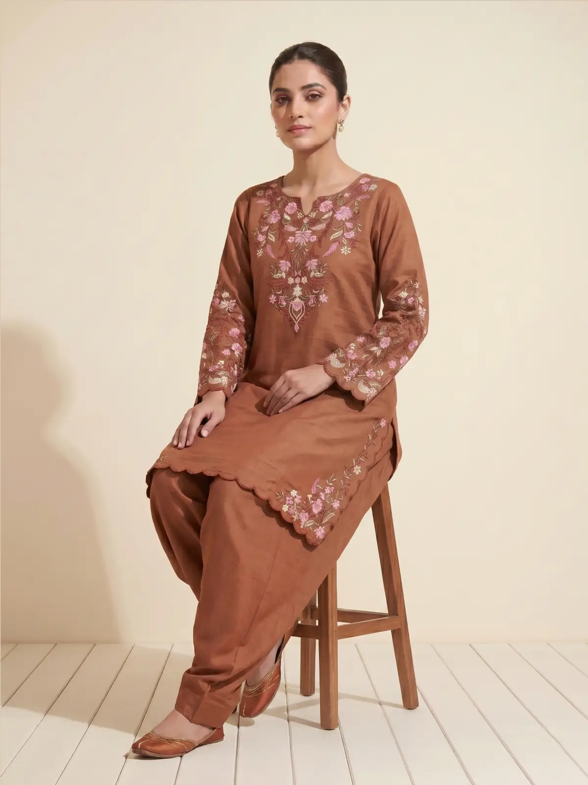 Rust Orange Silk Floral Embroidered Salwar Suit with Organza Dupatta