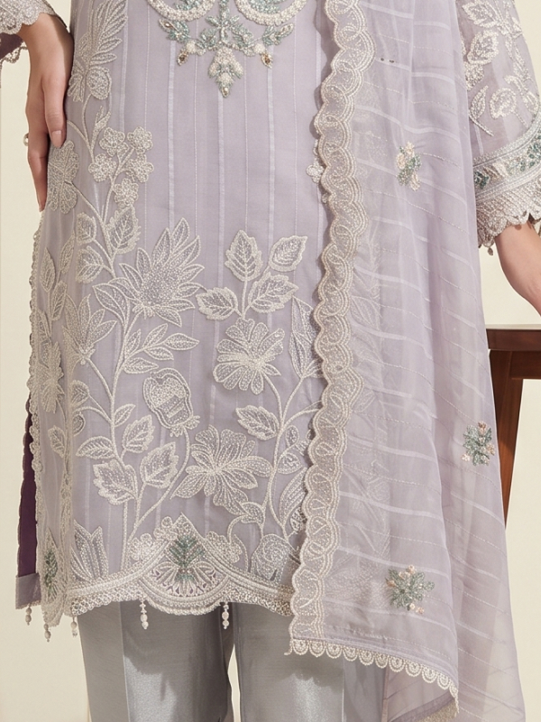 Lavender Premium Organza Embroidered Kurta Set with Dupatta