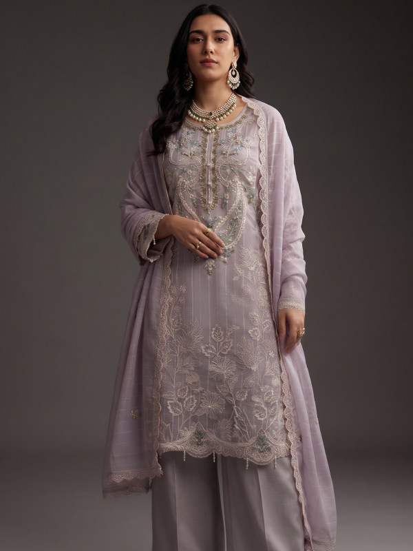 Lavender Premium Organza Embroidered Kurta Set with Dupatta
