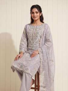 Lavender Premium Organza Embroidered Kurta Set with Dupatta