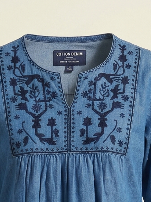 Women’s Embroidered Denim Tunic and Wide-Leg Pant Co-ord Set