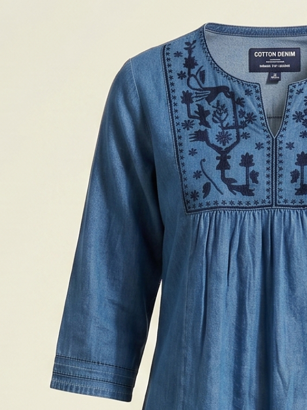 Women’s Embroidered Denim Tunic and Wide-Leg Pant Co-ord Set