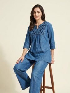 Women's Embroidered Denim Tunic and Wide-Leg Pant Co-ord Set